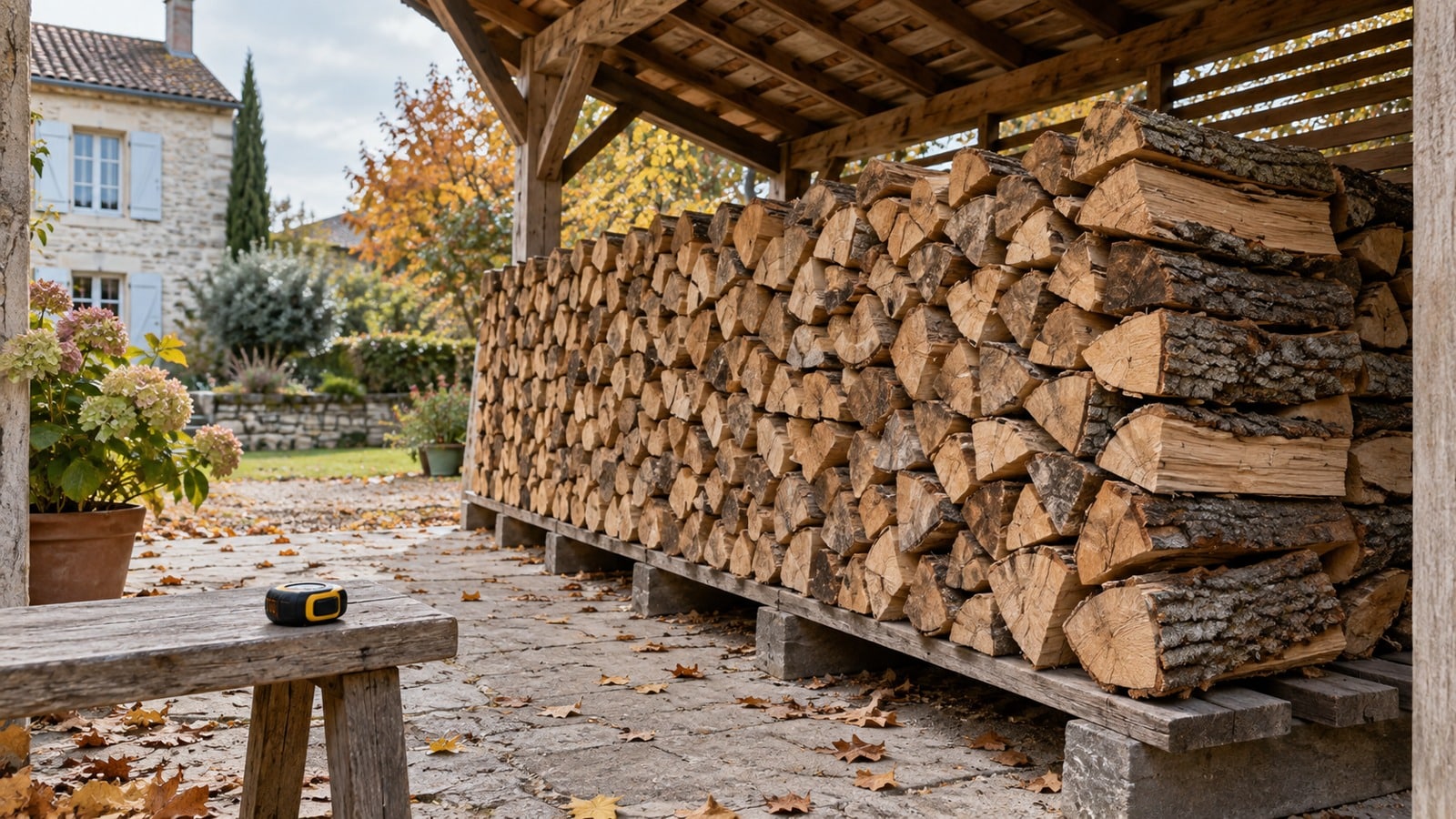 Bûches fendues empilées sur des supports sous un abri ouvert, avec un mètre ruban posé sur un banc.