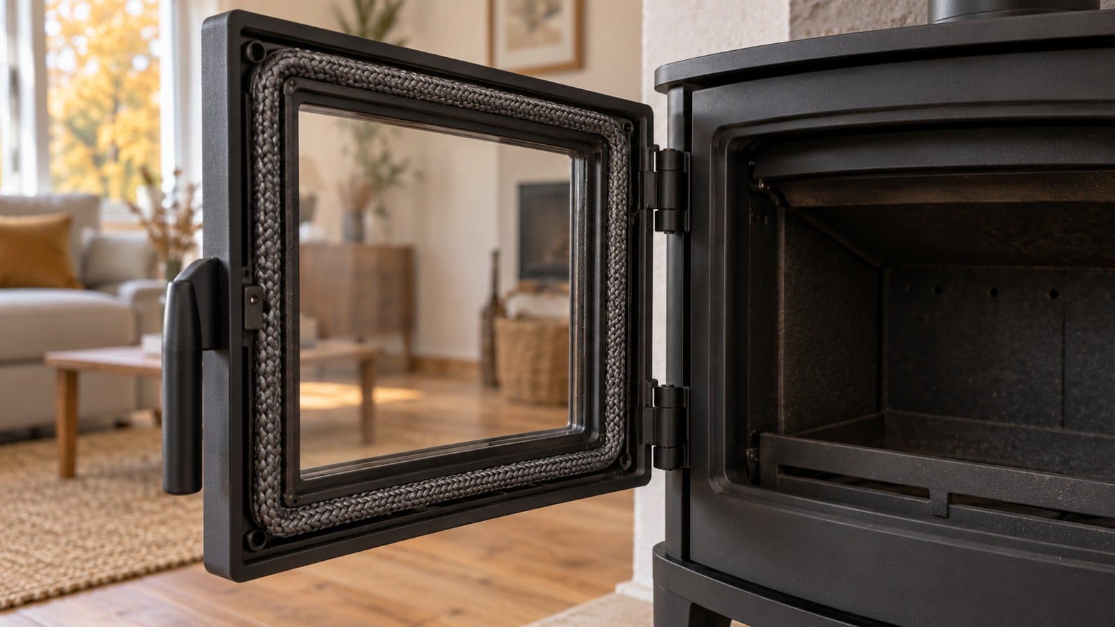 Porte ouverte d’un poêle à bois éteint, montrant le joint tressé autour de son cadre intérieur.